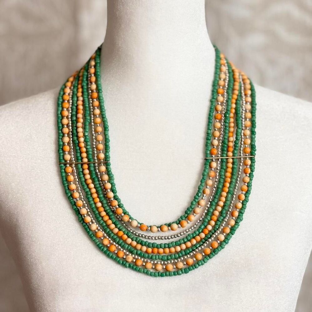 Boho Multi-Strand Green & Natural‎ Wood Bead Necklace Silver-Tone Accents
